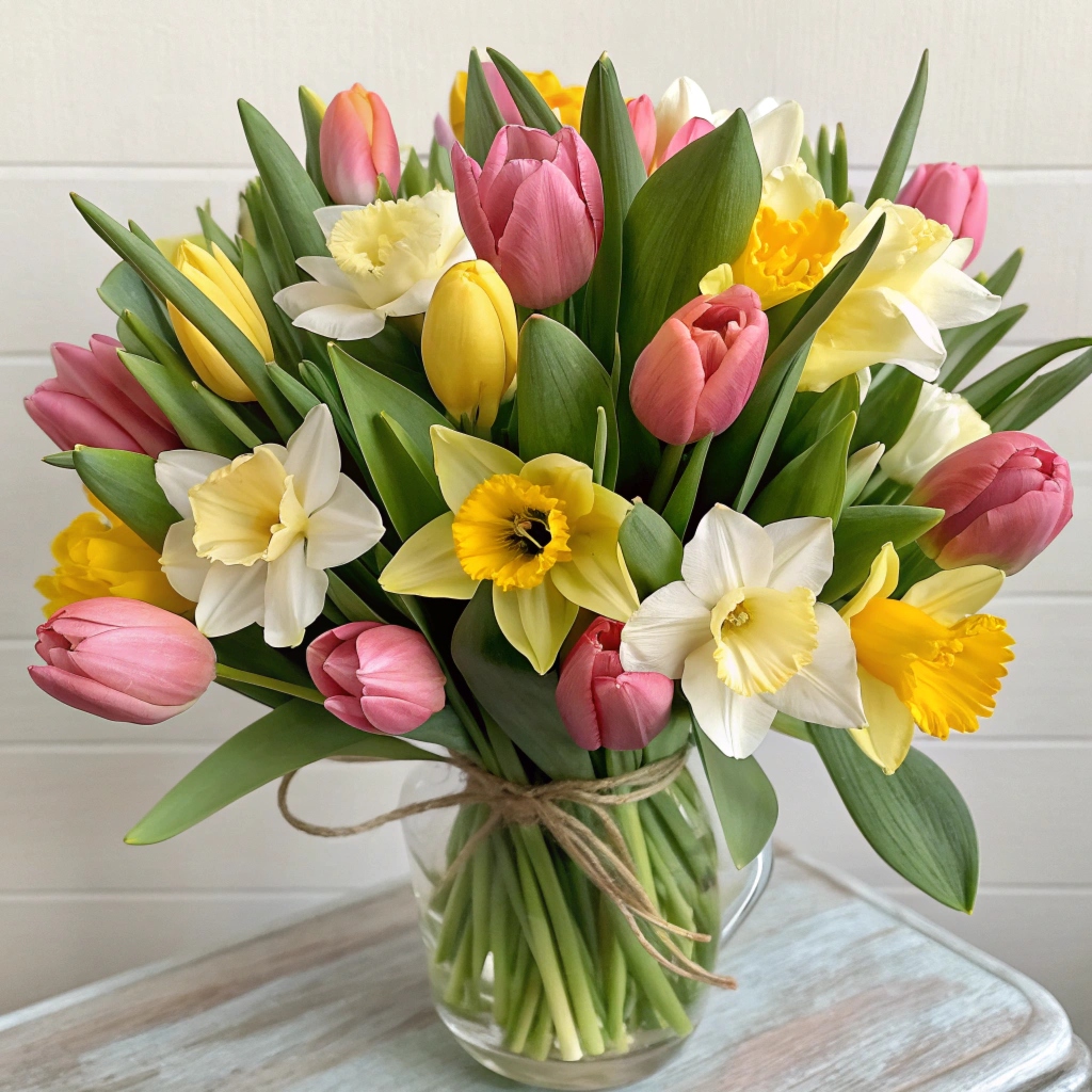 Spring seasonal flowers including tulips and daffodils